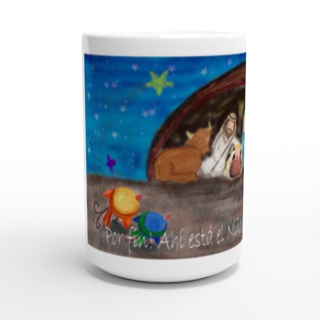 Taza de cerámica blanca de 15 oz Pajaritos ante el portal