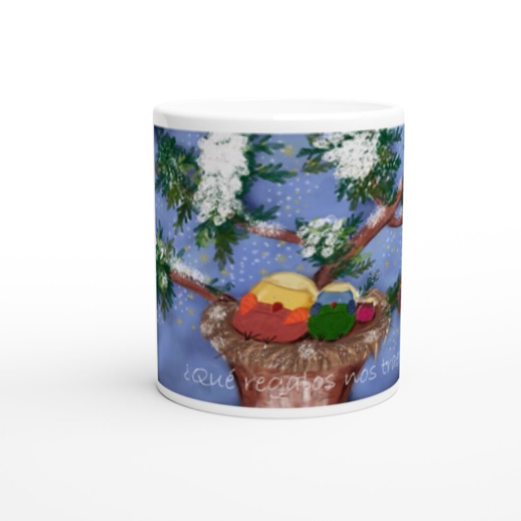 Taza de cerámica blanca de 11 oz Pajaritos en el nido