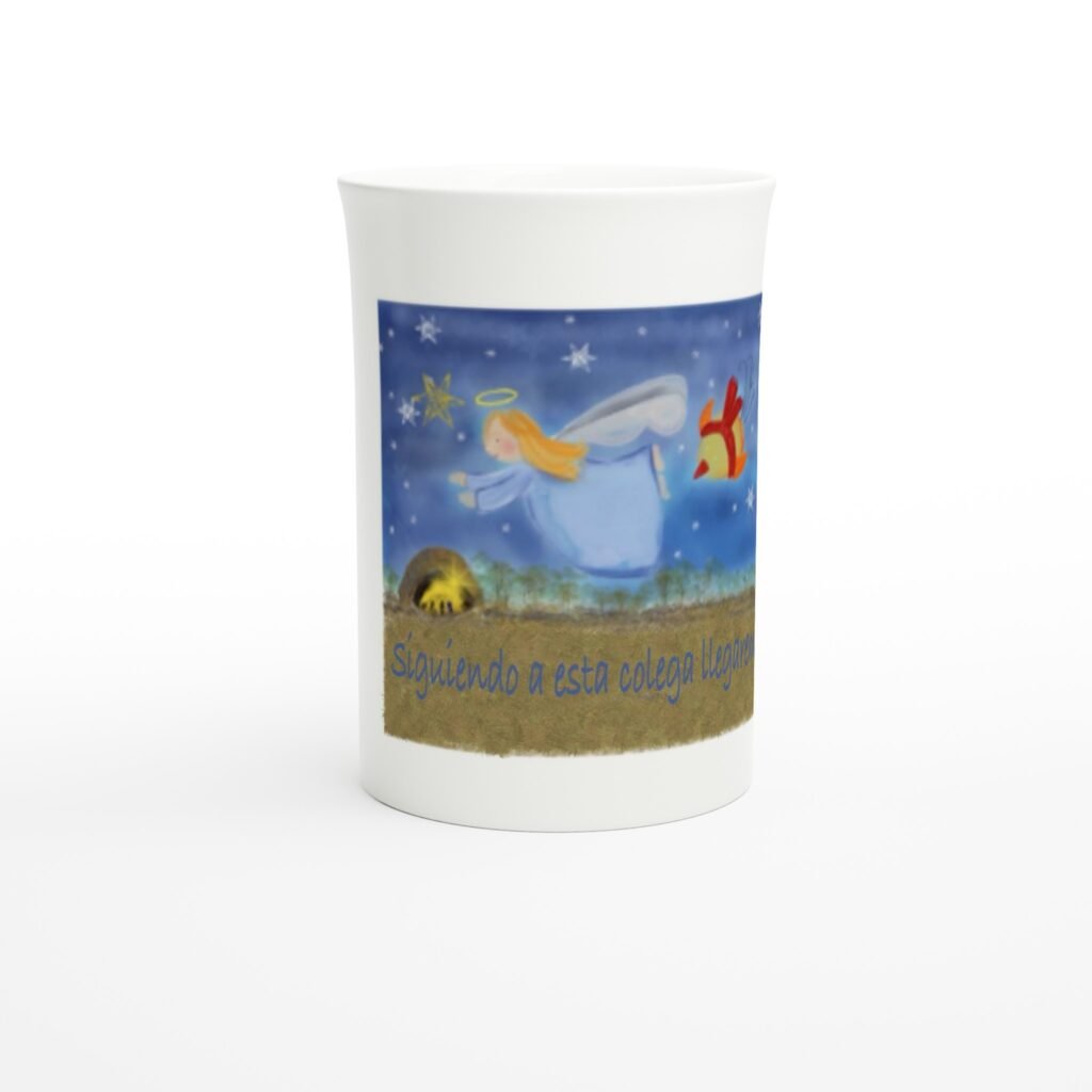 Taza esbelta de porcelana blanca 10 oz Pajaritos siguiendo al ángel