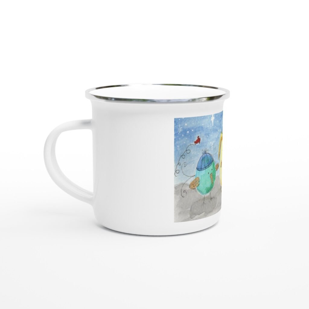 Taza esmaltada blanca 12 oz Pajaritos vuelven de Belén