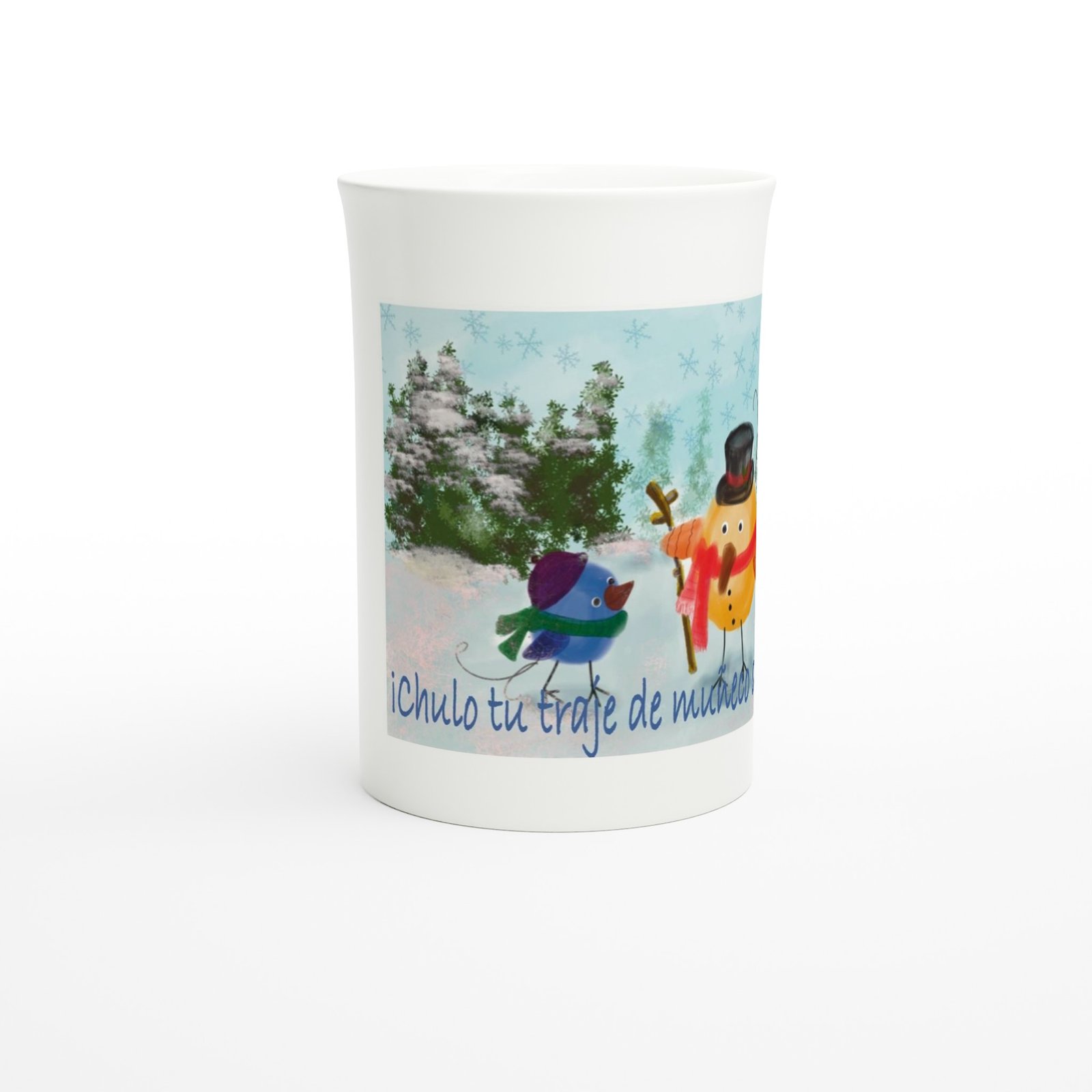 Taza esbelta de porcelana blanca 10 oz Pajarito muñeco de nieve