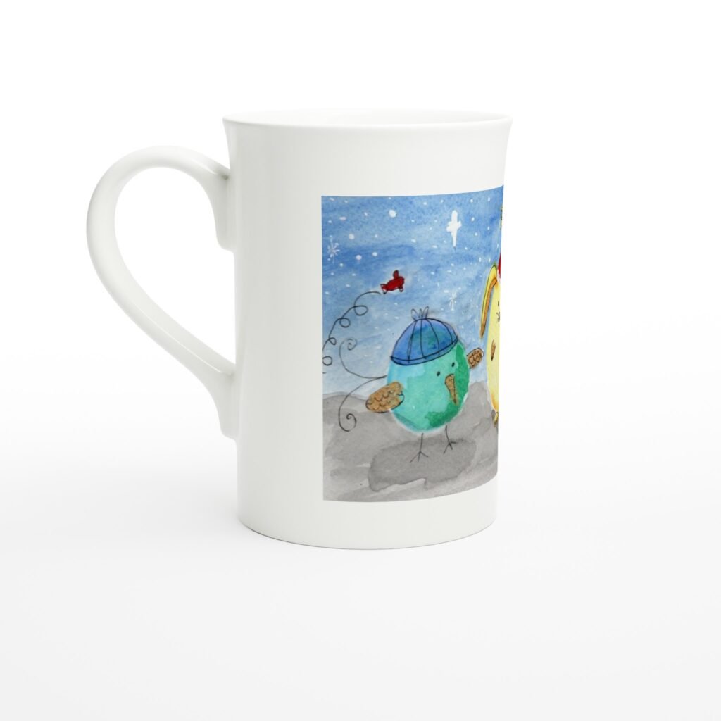 Taza esbelta de porcelana blanca 10 oz Pajaritos vuelven de Belén