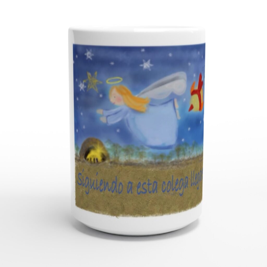 Taza de cerámica blanca de 15 oz Pajaritos siguiendo al ángel