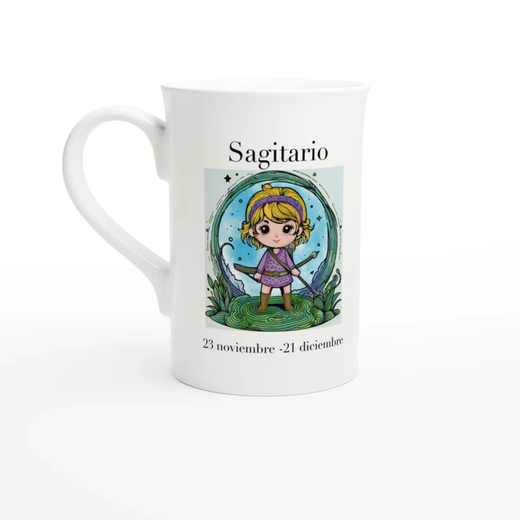 Taza esbelta de porcelana blanca 10 oz Sagitario