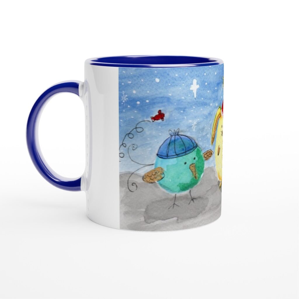 Taza de 11 oz de cerámica blanca con color en el interior  Pajaritos vuelven de Belén