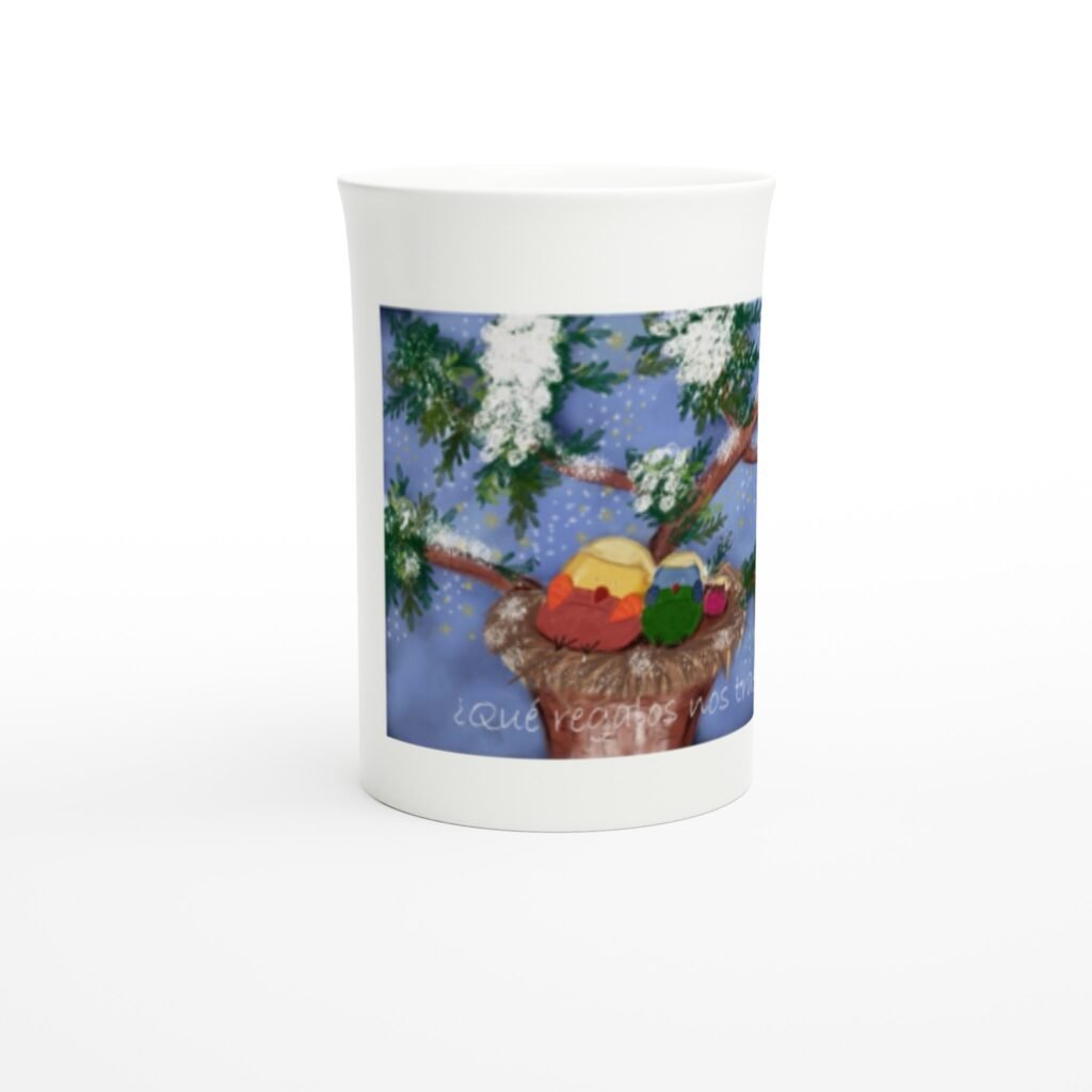 Taza esbelta de porcelana blanca 10 oz Pajaritos en el nido