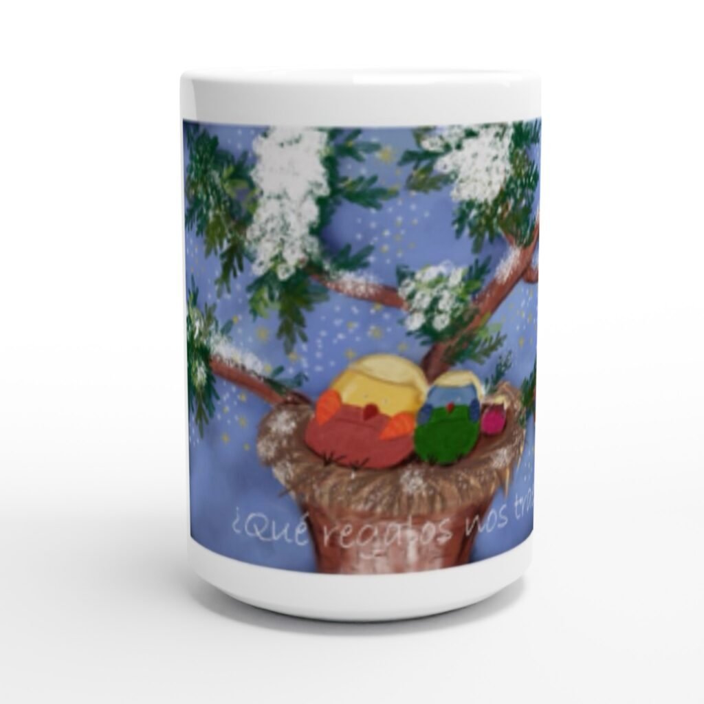 Taza de cerámica blanca de 15 oz Pajaritos en el nido