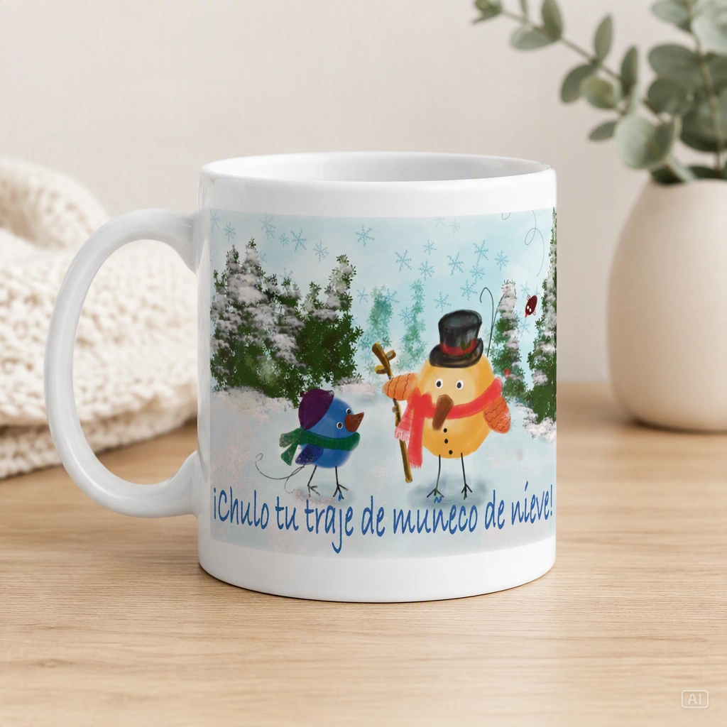 Taza de cerámica blanca de 11 oz Pajarito muñeco de nieve
